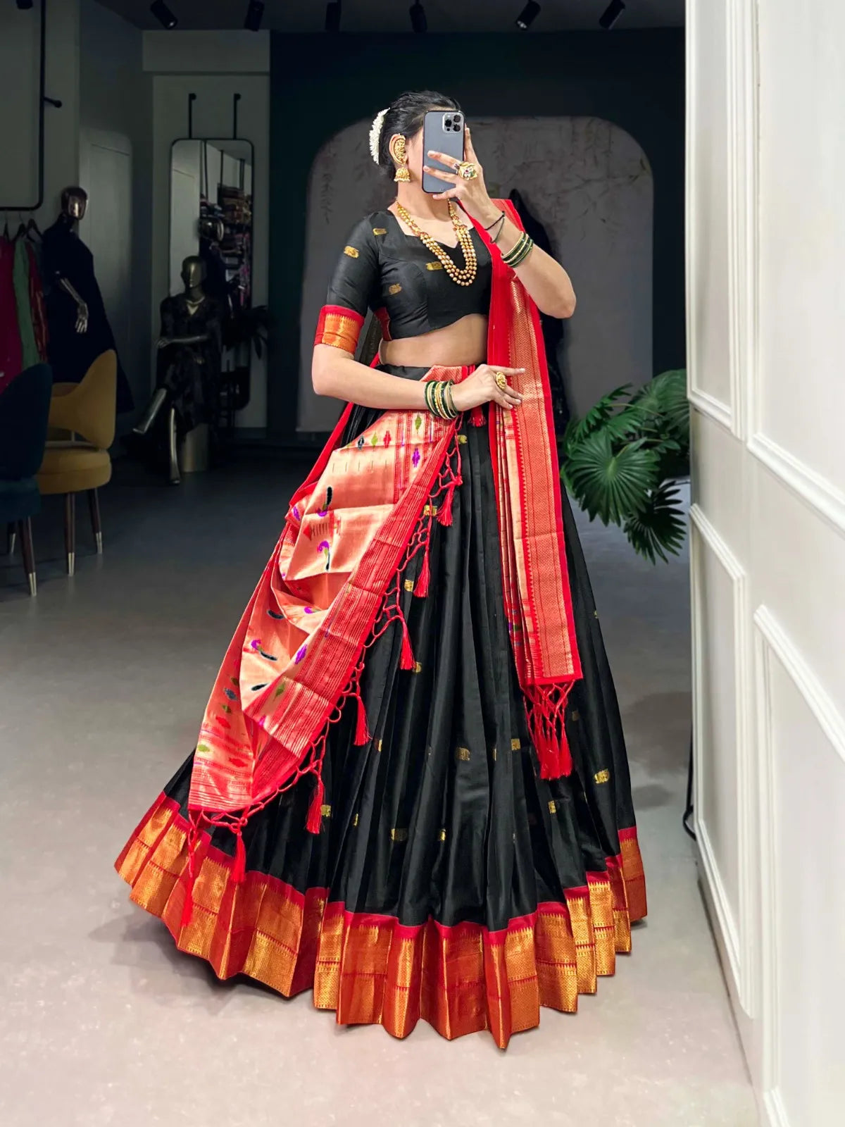 Silk Paithani Lehenga Choli | Jacquard Silk Zari Weaving Lehenga for Weddings & Festive Wear (Black)